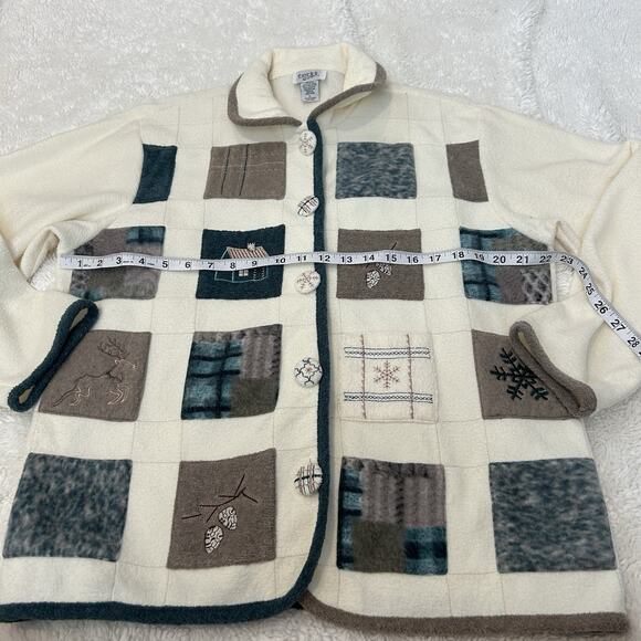 VTG 90s Winter Snowflakes Patchwork Applique Fleece Jacket L Cottage Core Soft - Picture 4 of 6
